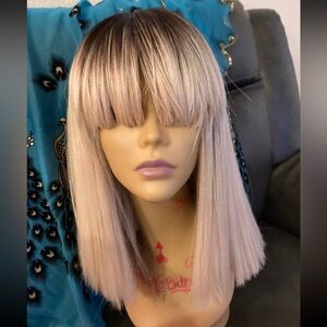 Blonde Black Ombre Shoulder Length Wig w/ Bangs WiG Detangling Spray & Wig Comb